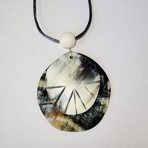 White/Black/Tan Genuine Buffalo Horn 2 Disk Pendant Necklace on Cord